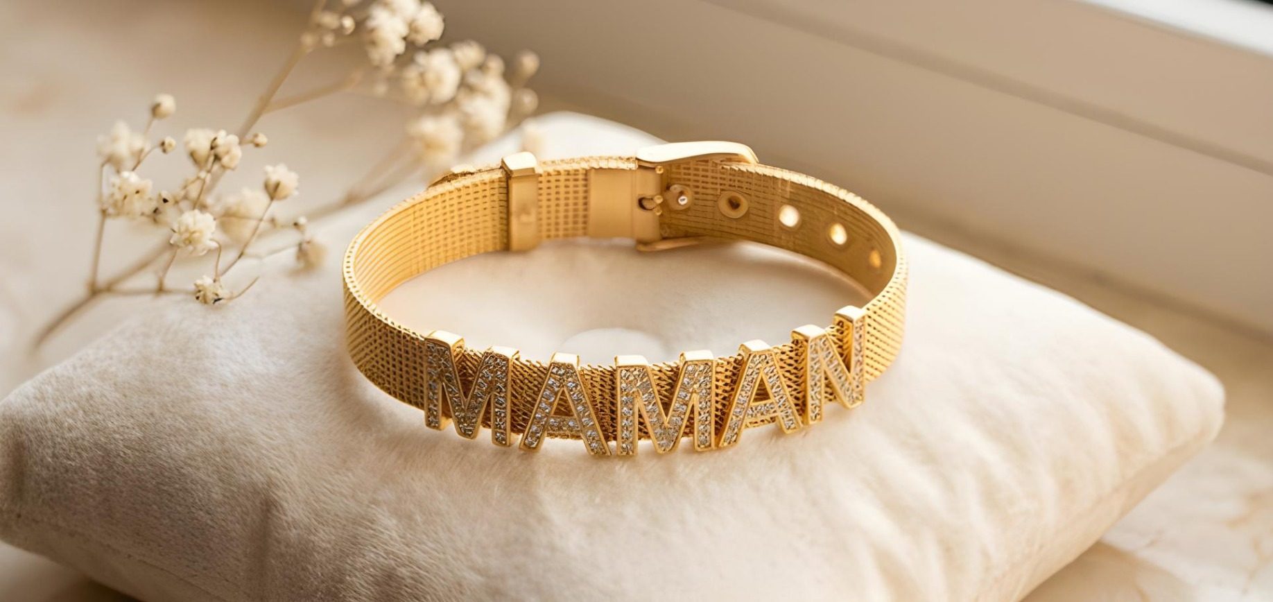 Bracelet personnalisé Maman en maille milanaise dorée avec strass, création Rêve Étoilé.