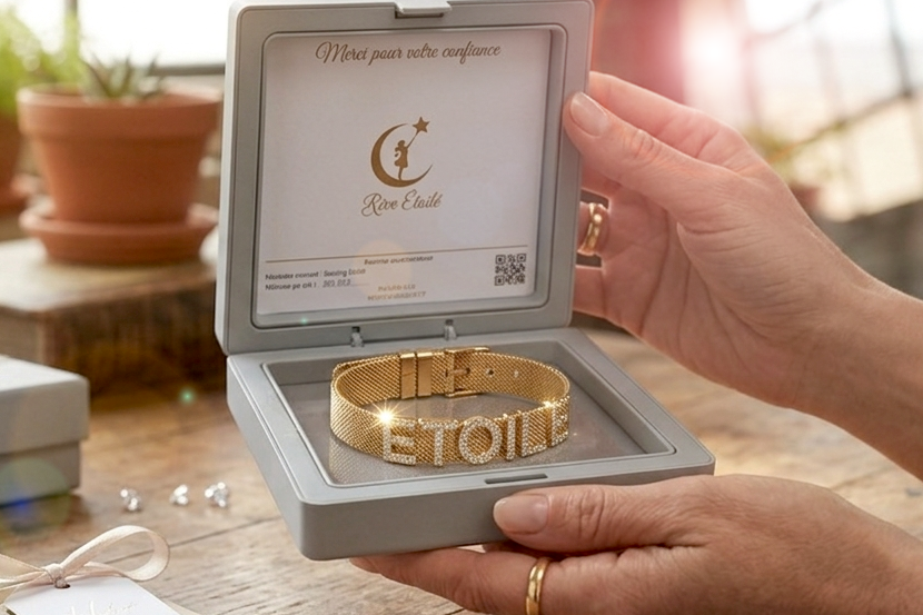 Coffret cadeau Rêve Étoilé ouvert présentant un bracelet personnalisé en maille milanaise dorée avec des lettres coulissantes en strass, ten