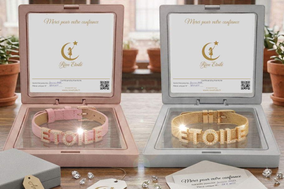 Deux coffrets cadeaux Rêve Étoilé ouverts côte à côte, présentant un bracelet personnalisé en cuir rose et un bracelet en maille milanaise d